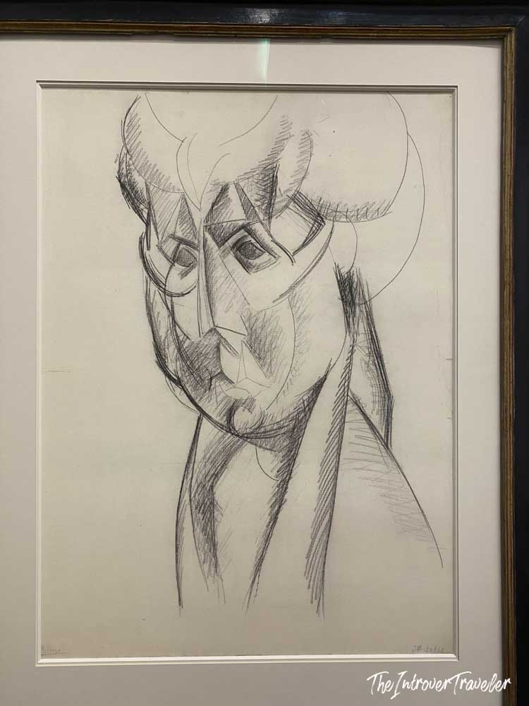 Cubist pencil sketch of a fragmented face, displayed at the Albertina Museum in Vienna