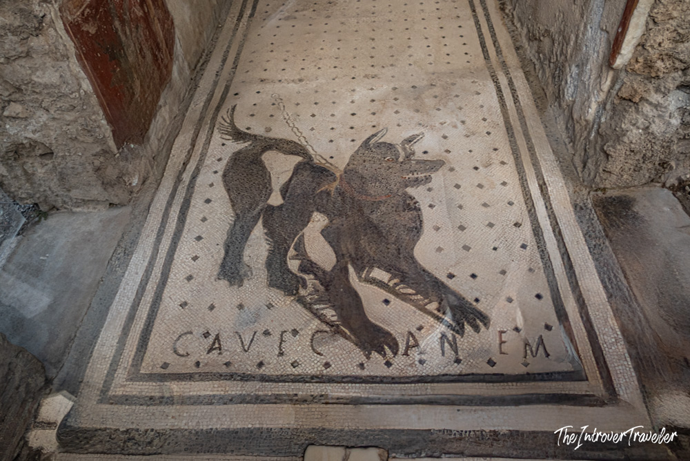 Cave Canem mosaic with chained dog warning at the entrance of a Pompeii house
