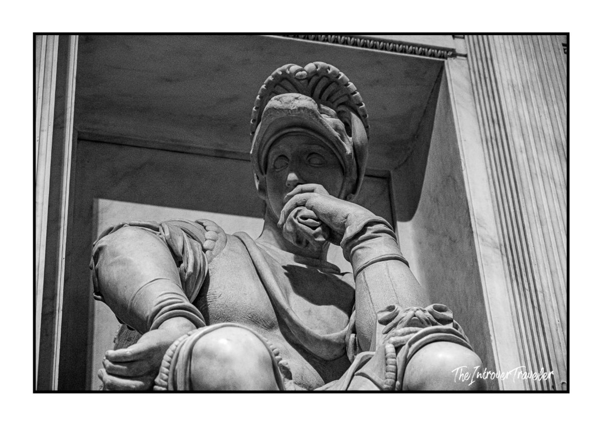 Close-up of Michelangelo's Lorenzo de Medici statue, the pensive Duke in the New Sacristy, Florence