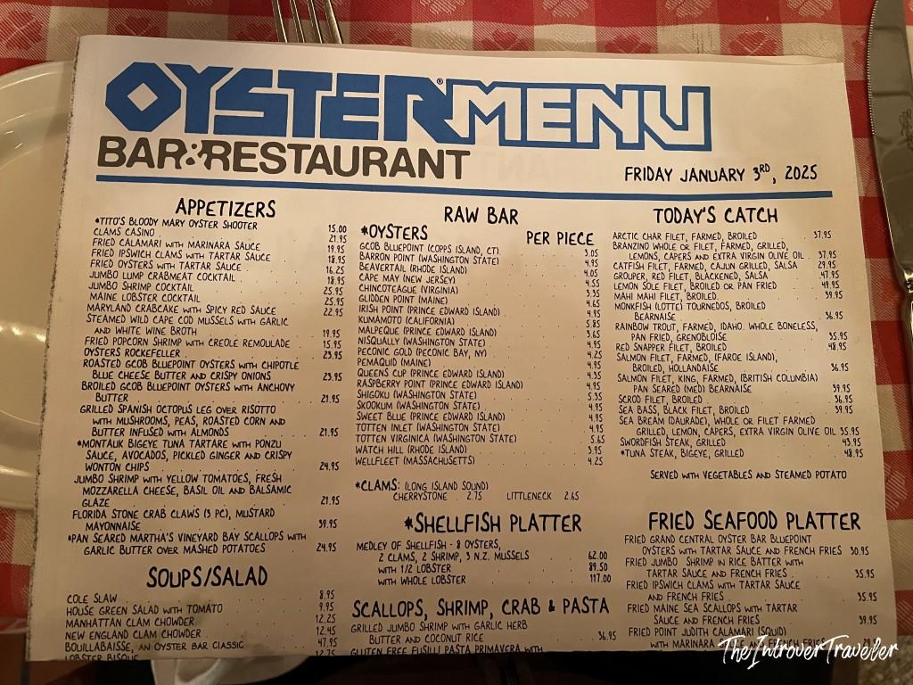 Grand Central Oyster Bar menu dated January 3 2025, listing raw bar oysters, seafood platters, and daily catch