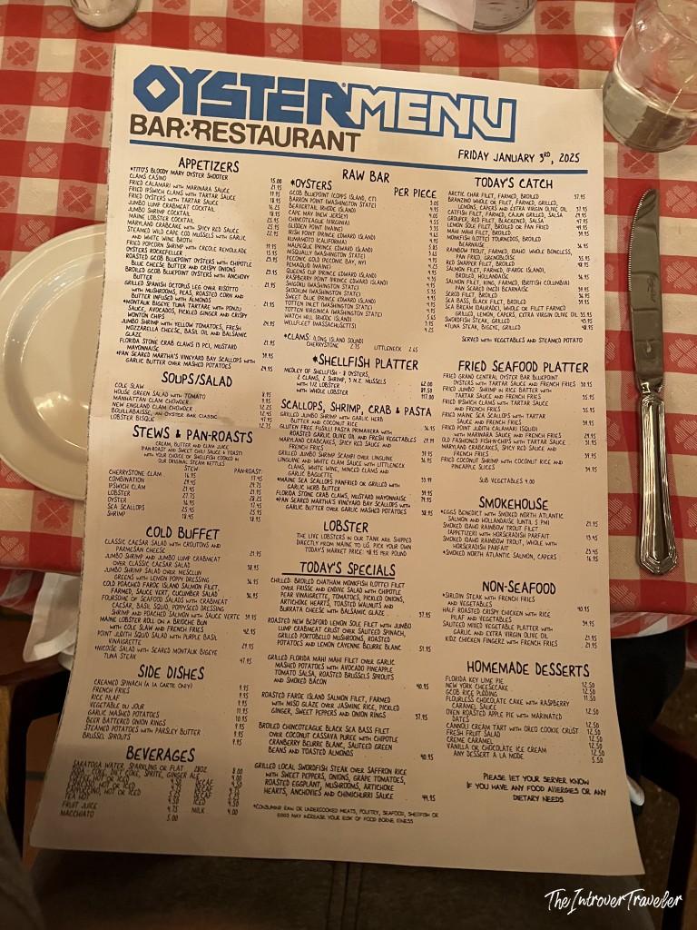 Full menu at Grand Central Oyster Bar in New York, dated January 3, 2025