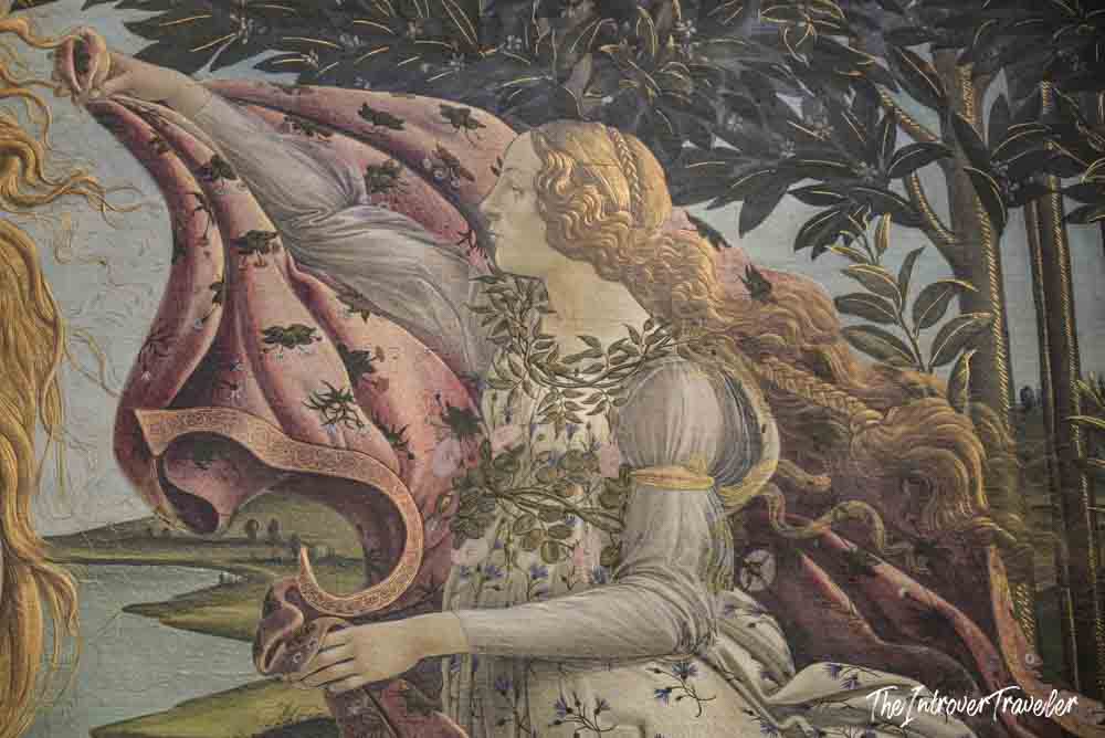 Close-up of Flora figure in Botticelli's Primavera, a highlight of the Uffizi Gallery Florence