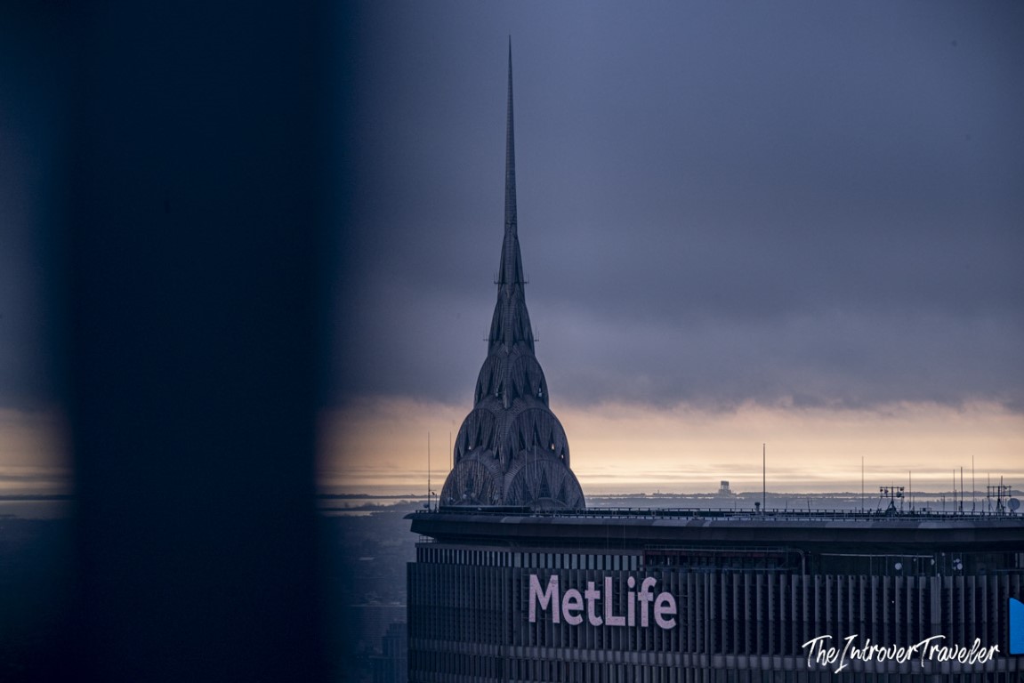 Chrysler Building Art Deco crown and spire seen at dusk from Top of the Rock, New York City