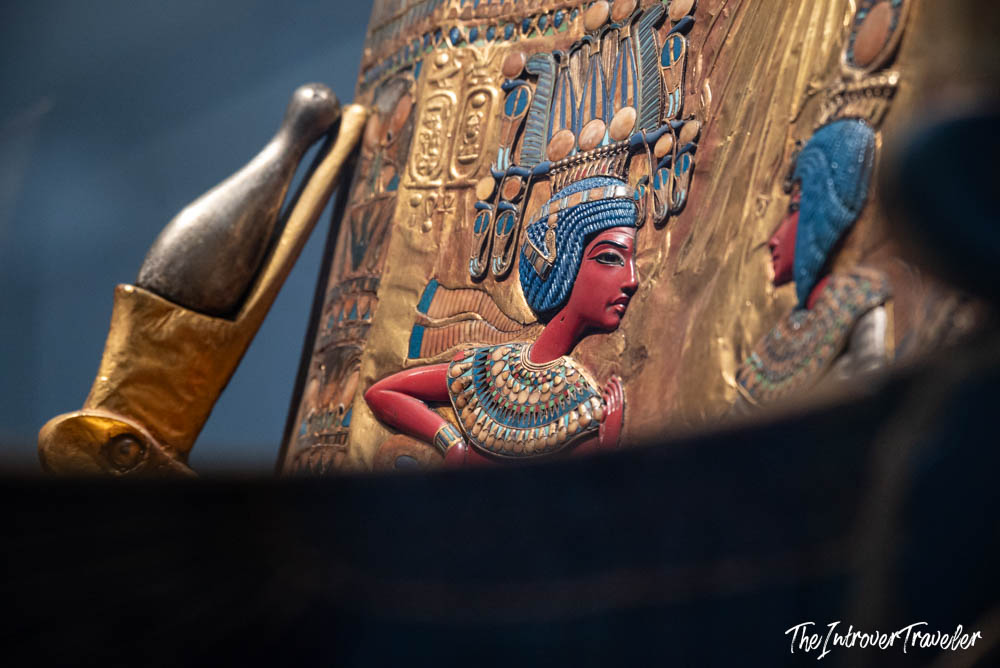 Close-up of Queen Ankhesenamun relief on Tutankhamun's golden throne, Egyptian Museum Cairo
