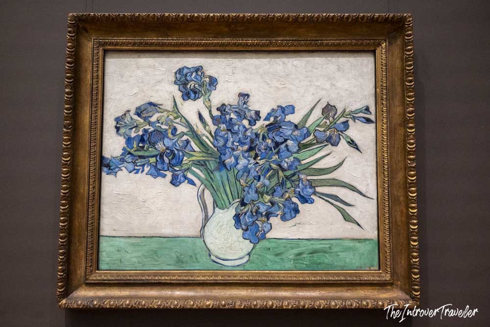 Van Gogh's Irises painting displayed in a gold frame at the Metropolitan Museum of Art, New York
