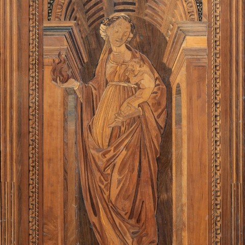 Intarsia panel of a robed female allegory with flame, in the Studiolo of Federico da Montefeltro, Urbino