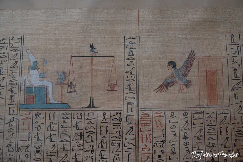 Ancient Egyptian Book of the Dead papyrus showing the Weighing of the Heart scene, Egyptian Museum Cairo