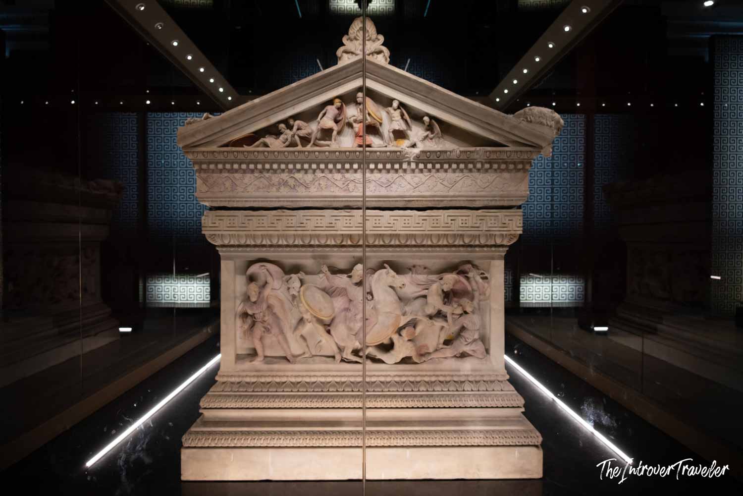 Alexander Sarcophagus displayed in the Istanbul Archaeological Museum, with battle relief carvings and temple-shaped lid
