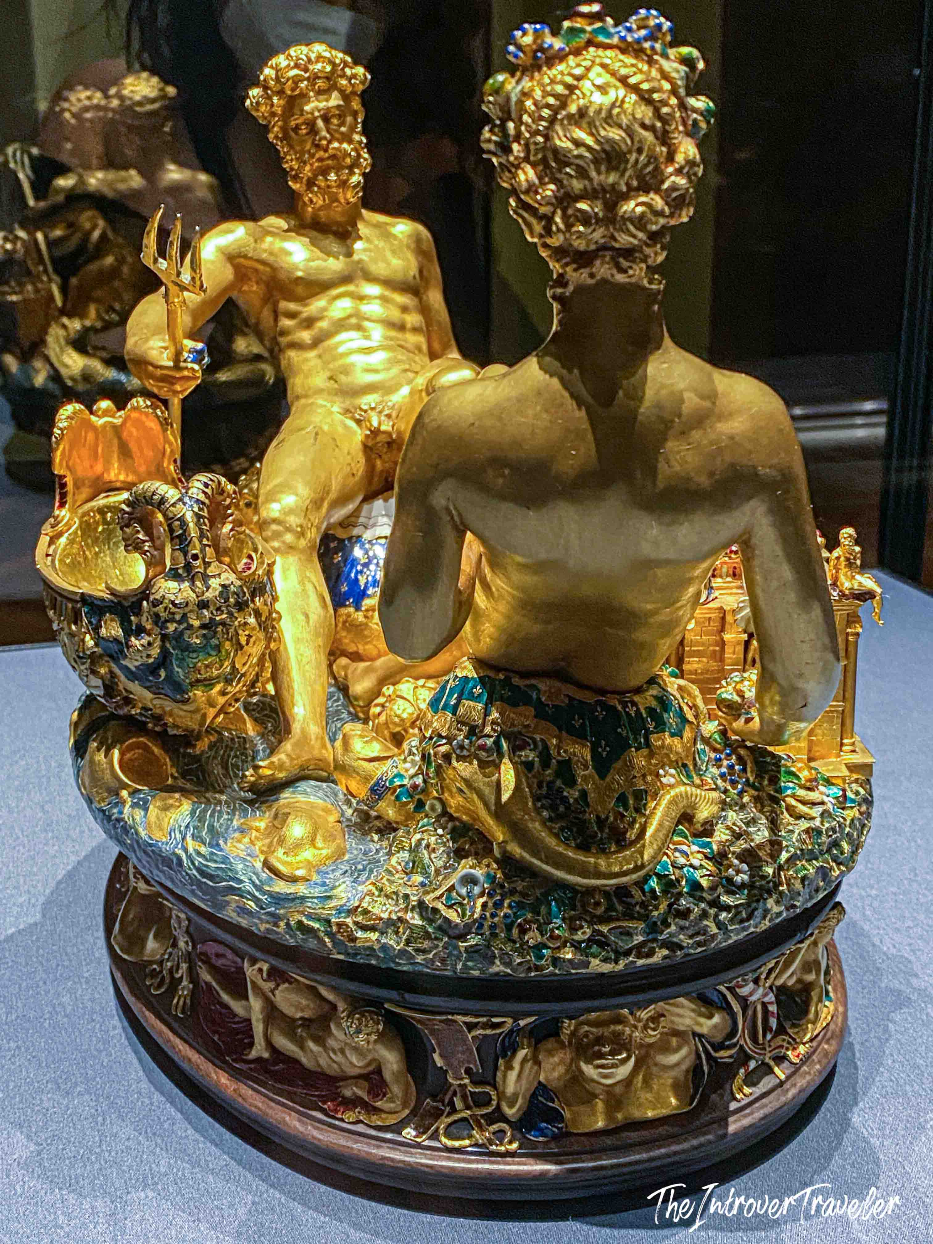 Cellini Salt Cellar rear view, gold and enamel figures of Neptune and Earth, Kunsthistorisches Museum Vienna