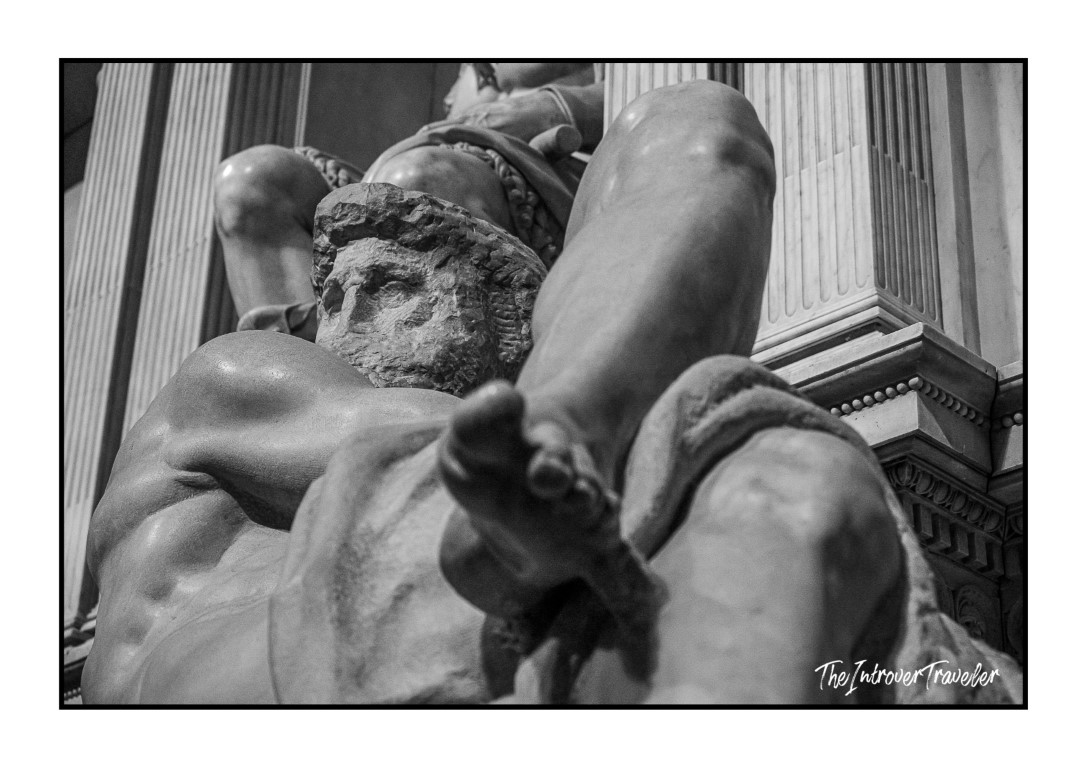 Close-up of a reclining river deity figure by Michelangelo, planned for the Medici Tombs in Florence