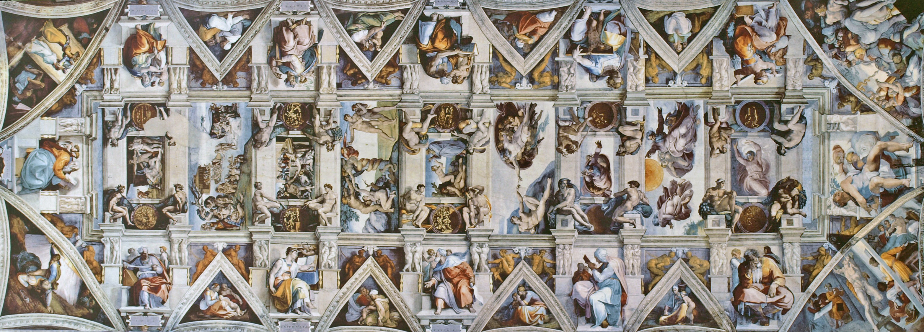 Michelangelo's Sistine Chapel ceiling frescoes, full panoramic view of biblical scenes and figures