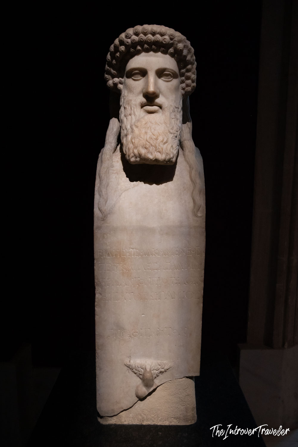 Ancient Greek herm with bearded head and inscribed shaft, Istanbul Archaeological Museum collection