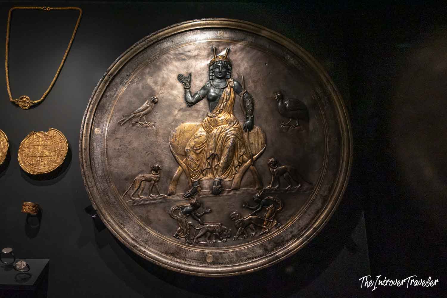 Large ancient silver and gilt disc depicting a seated deity with animals, Istanbul Archaeological Museum