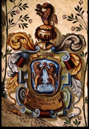 Coat of arms of Jacobus Tonellus de Cartoceto painted on the Archiginnasio walls, Bologna
