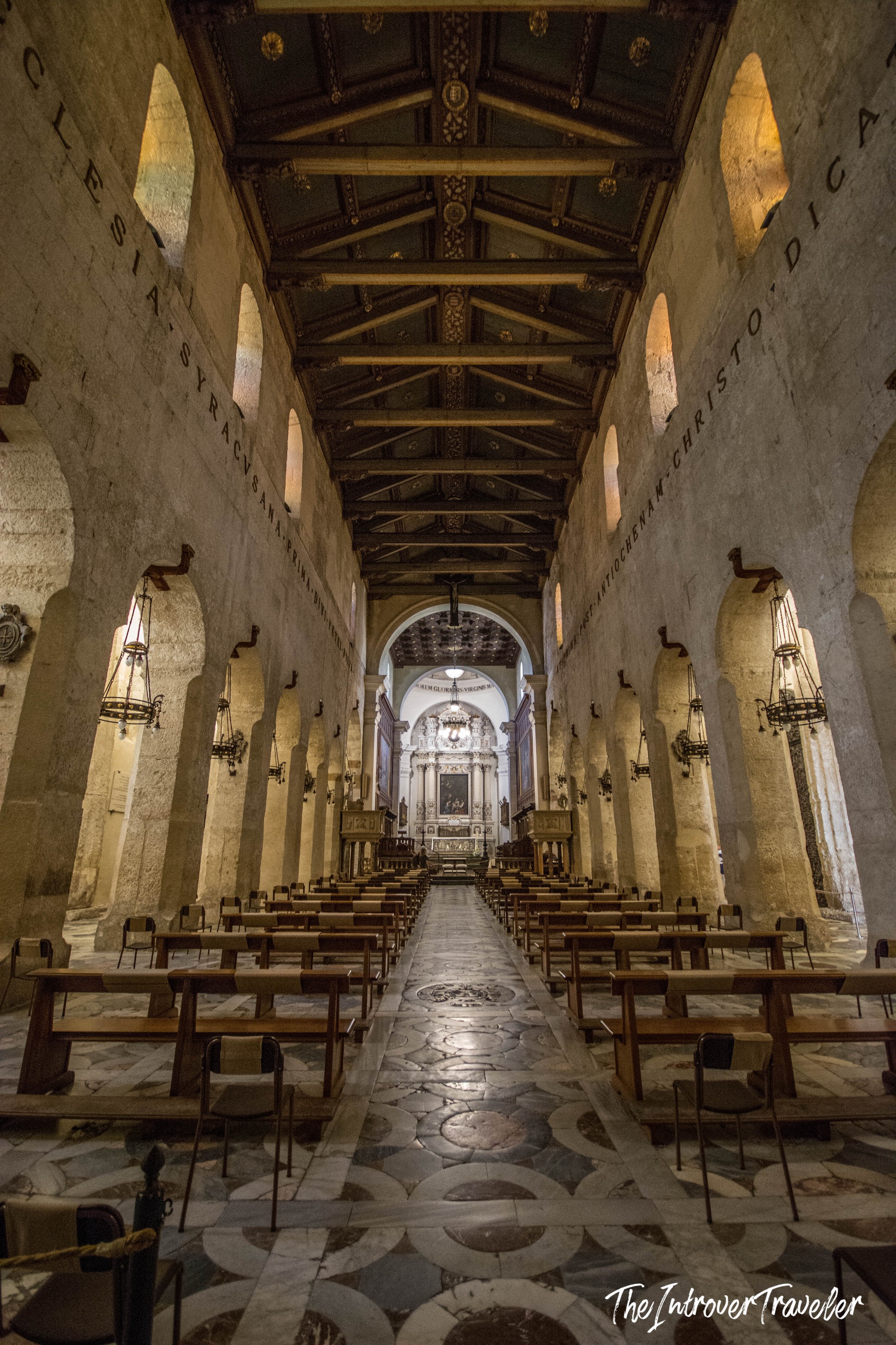 Interior nave of Syracuse Cathedral, Ortigia, built around ancient Greek Doric temple columns