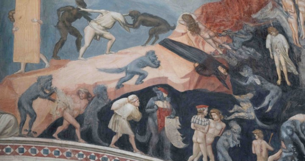 Detail of Giotto's Last Judgment fresco, Scrovegni Chapel Padua, showing sinners tormented by demons in Hell