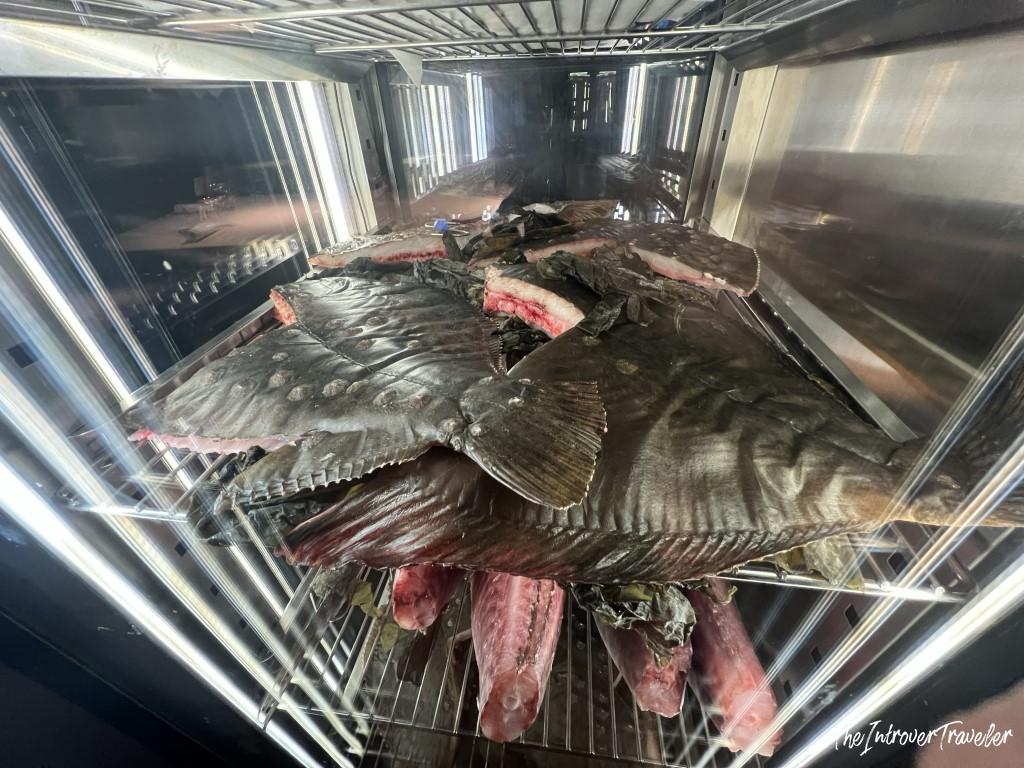 Whole turbot dry-aging in a display fridge at a fine dining seafood restaurant in Rimini