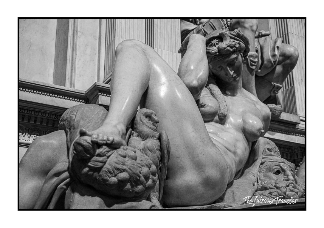 Close-up of Michelangelo's Dawn sculpture on the Medici Tombs, New Sacristy, Florence