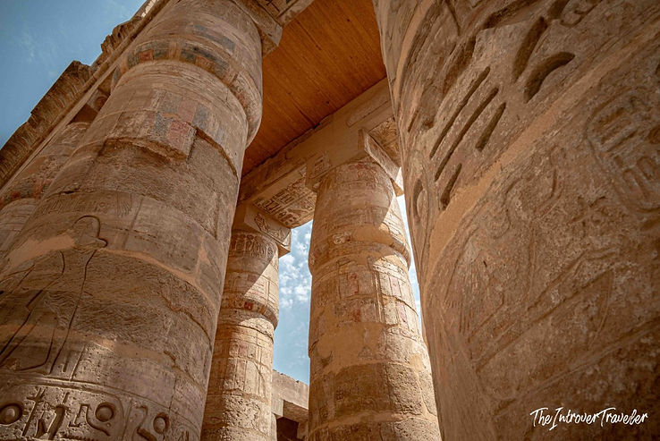 Towering hieroglyph-covered columns of the Karnak Temple Complex, Luxor, Egypt