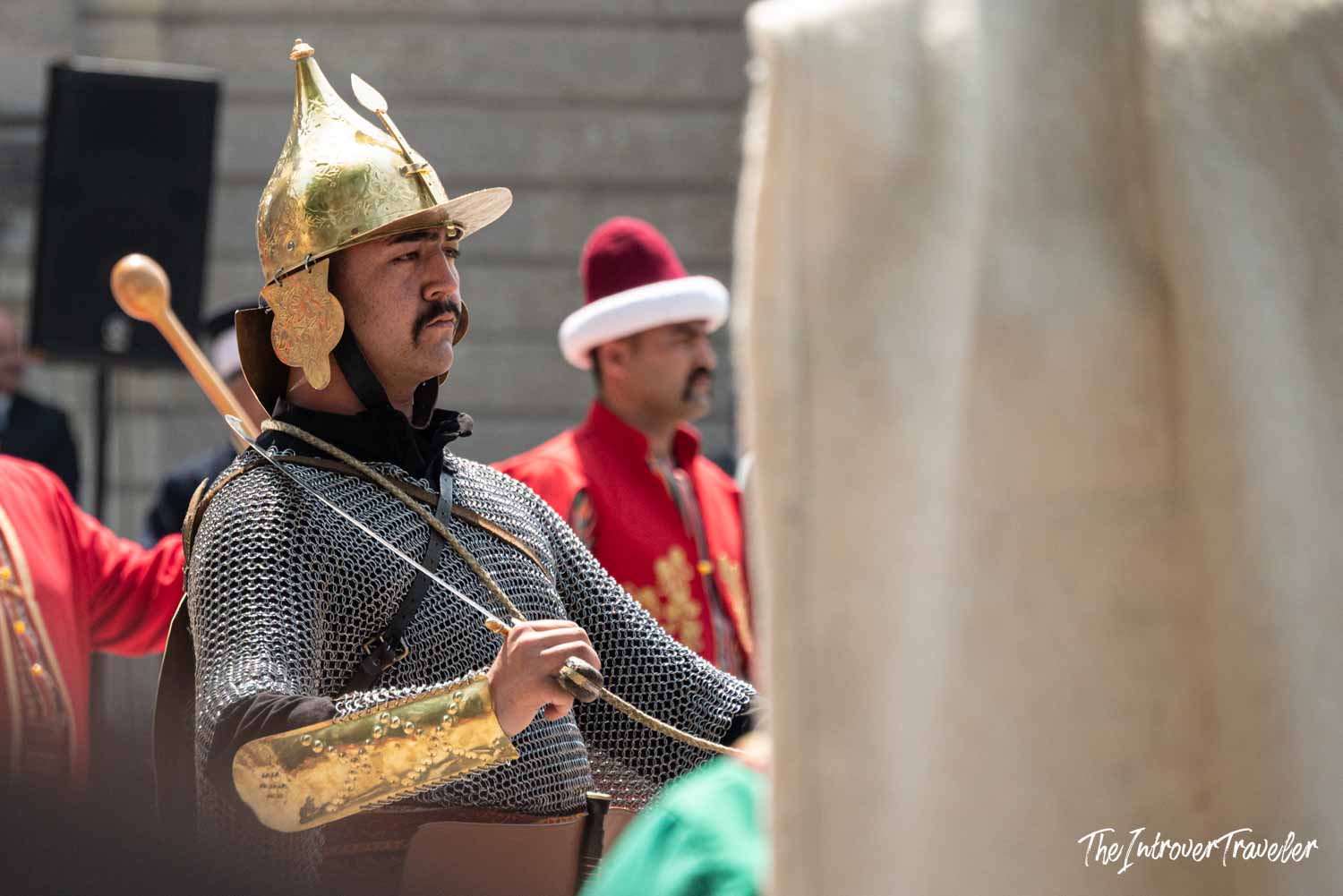 Ottoman guard in chainmail armor and golden helmet at Dolmabahce Palace, Istanbul