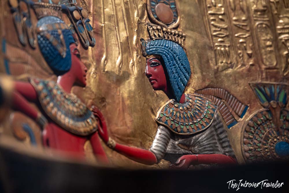Close-up of Tutankhamun's golden throne showing the pharaoh and Ankhesenamun, Egyptian Museum Cairo