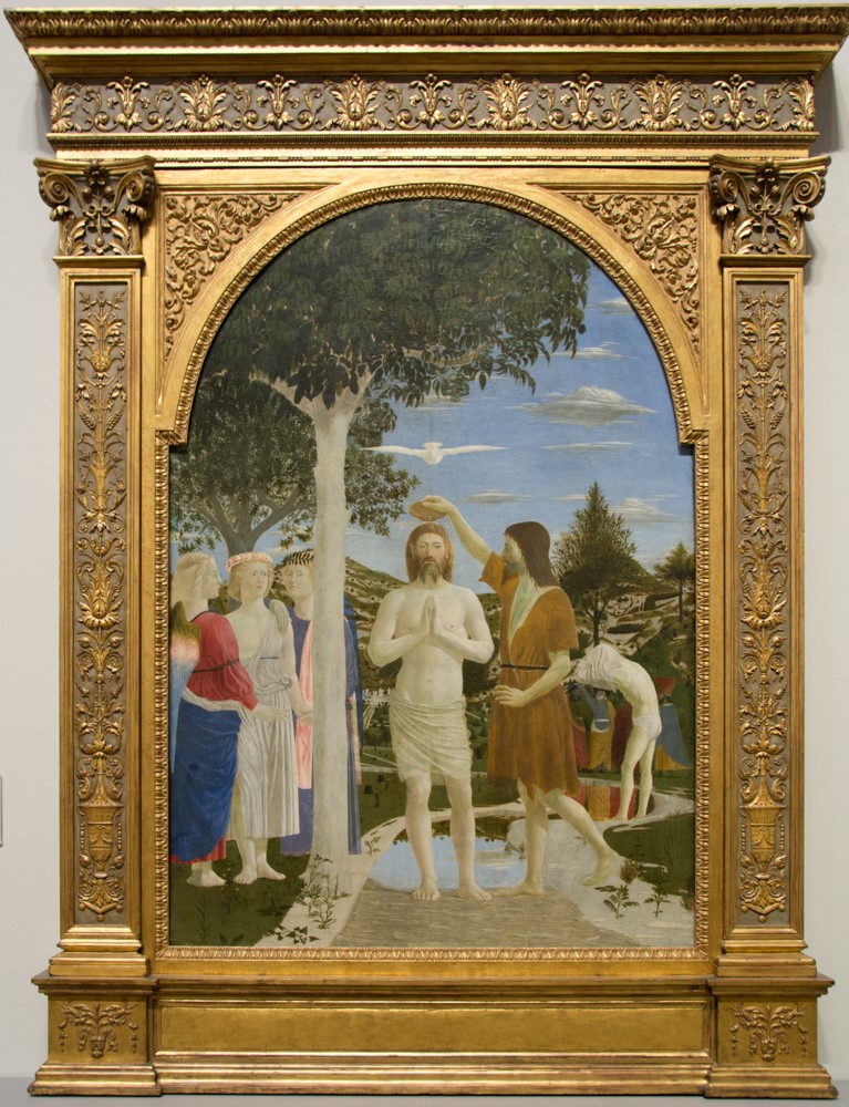 Baptism of Christ by Piero della Francesca, displayed in its ornate gilded frame at the National Gallery