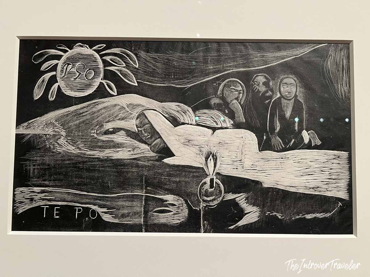 Te Po woodcut print by Paul Gauguin, displayed at MoMA New York, showing a reclining figure and mourners