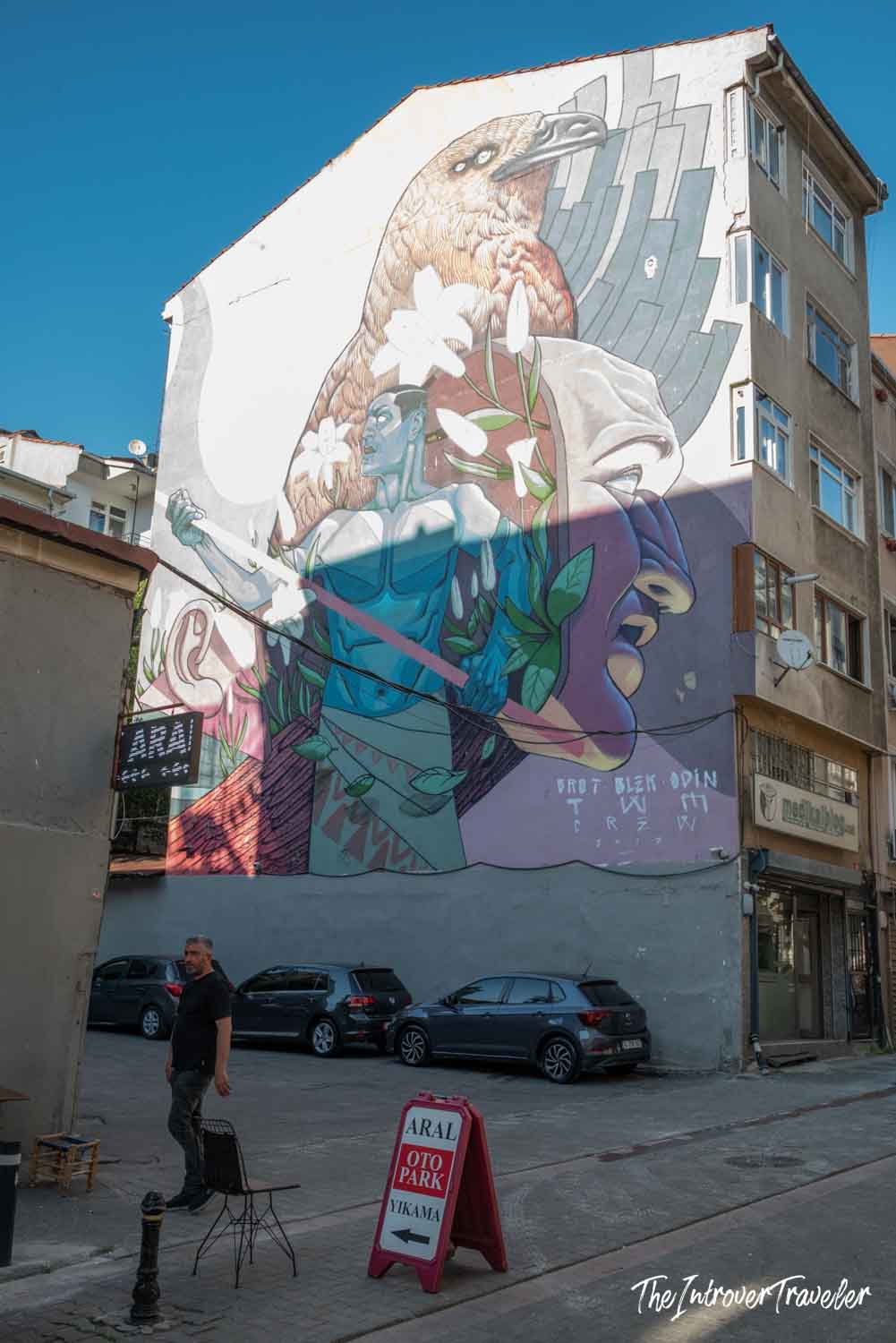 Large street art mural by Brot Blek Odin crew on a Kadıköy building wall, Istanbul