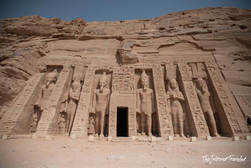 Temple of Hathor at Abu Simbel, with six rock-cut colossi of Nefertari and Ramesses II flanking the entrance