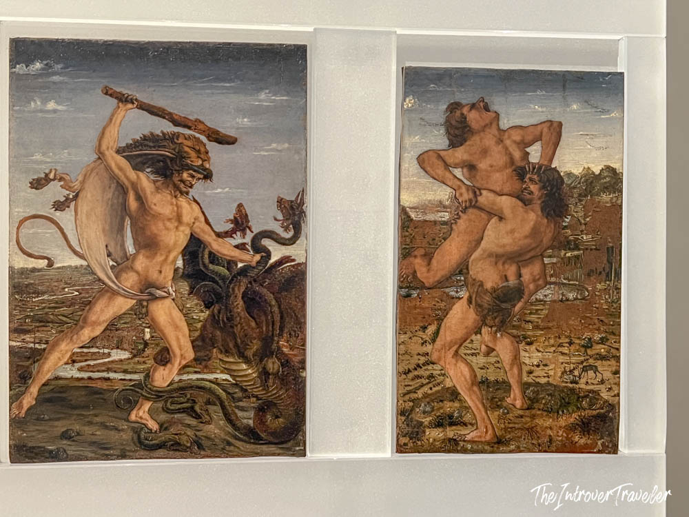 Hercules and the Hydra and Hercules and Antaeus panels by Antonio del Pollaiolo at the Uffizi Gallery Florence