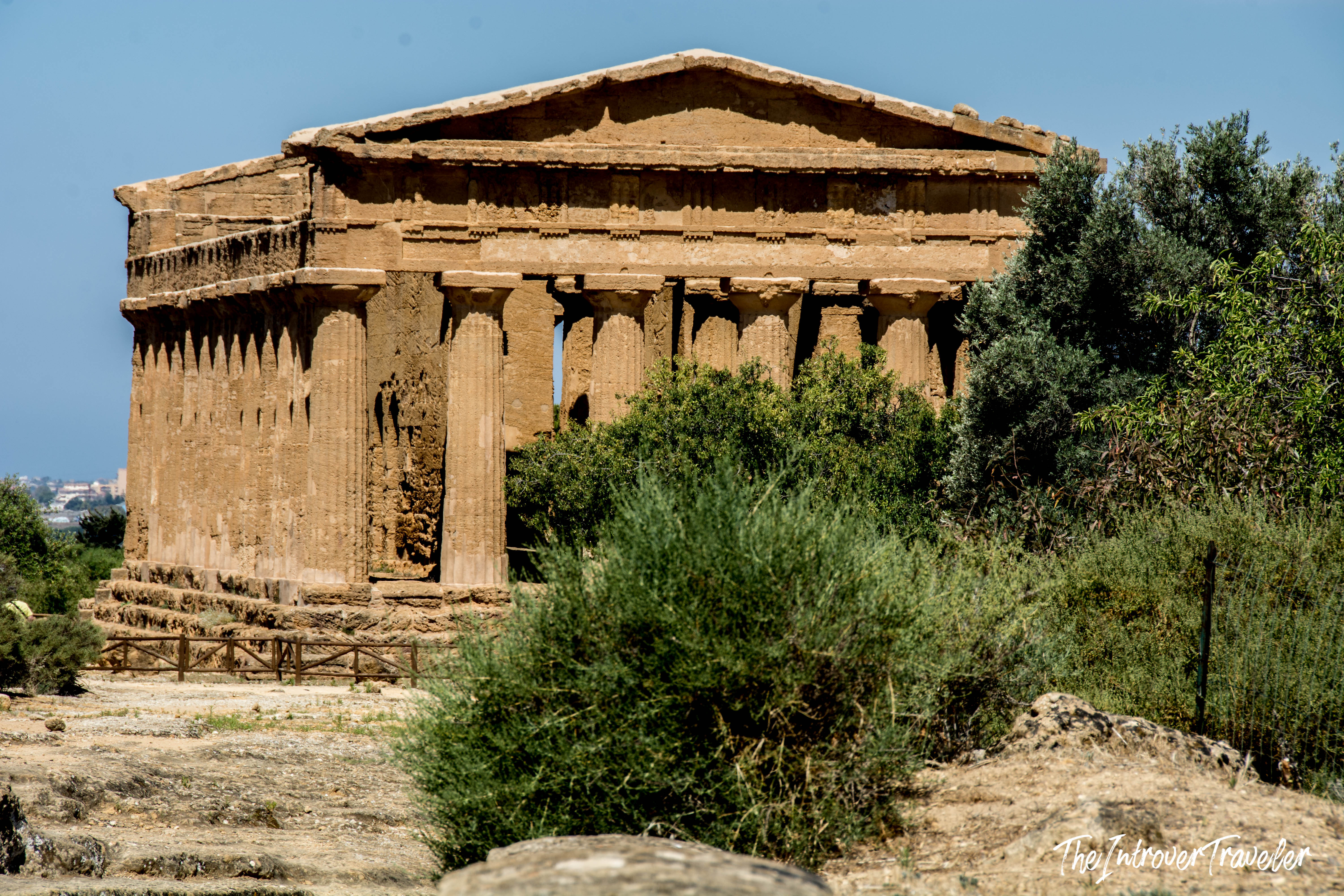 Temple of Concordia at the Valley of the Temples, Agrigento, surrounded by Mediterranean shrubs