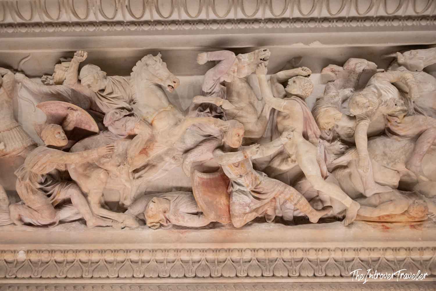 Close-up of battle scene relief on the Alexander Sarcophagus at Istanbul Archaeological Museum