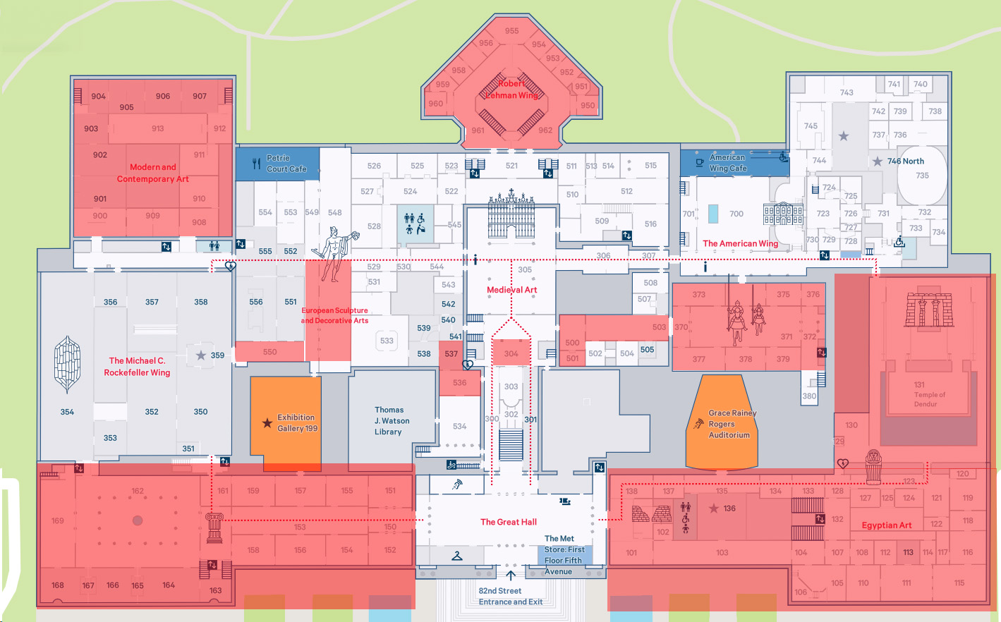Floor map of the Metropolitan Museum of Art first floor, with galleries color-coded by collection