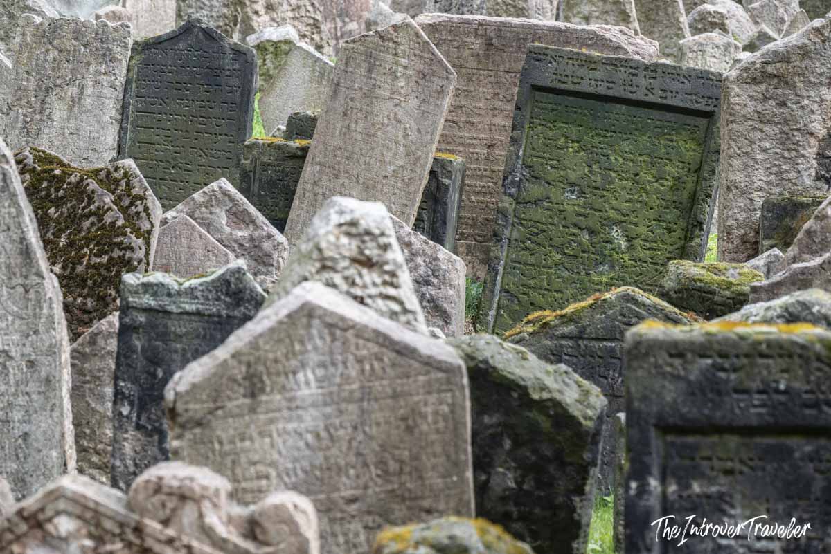 Densely packed ancient Hebrew tombstones at the Old Jewish Cemetery in Prague, Josefov quarter