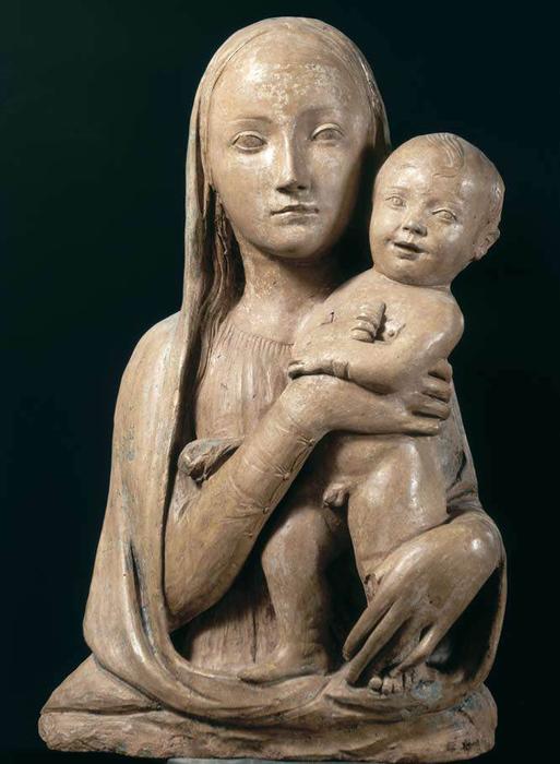 Donatello Madonna and Child terracotta sculpture, contrasting with Michelangelo's David style