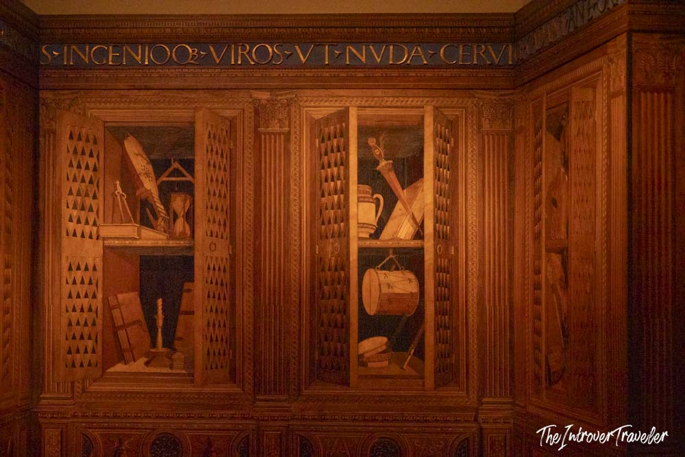 Intarsia wood panel with trompe-l'oeil cabinets, studiolo from Gubbio at the Metropolitan Museum of Art