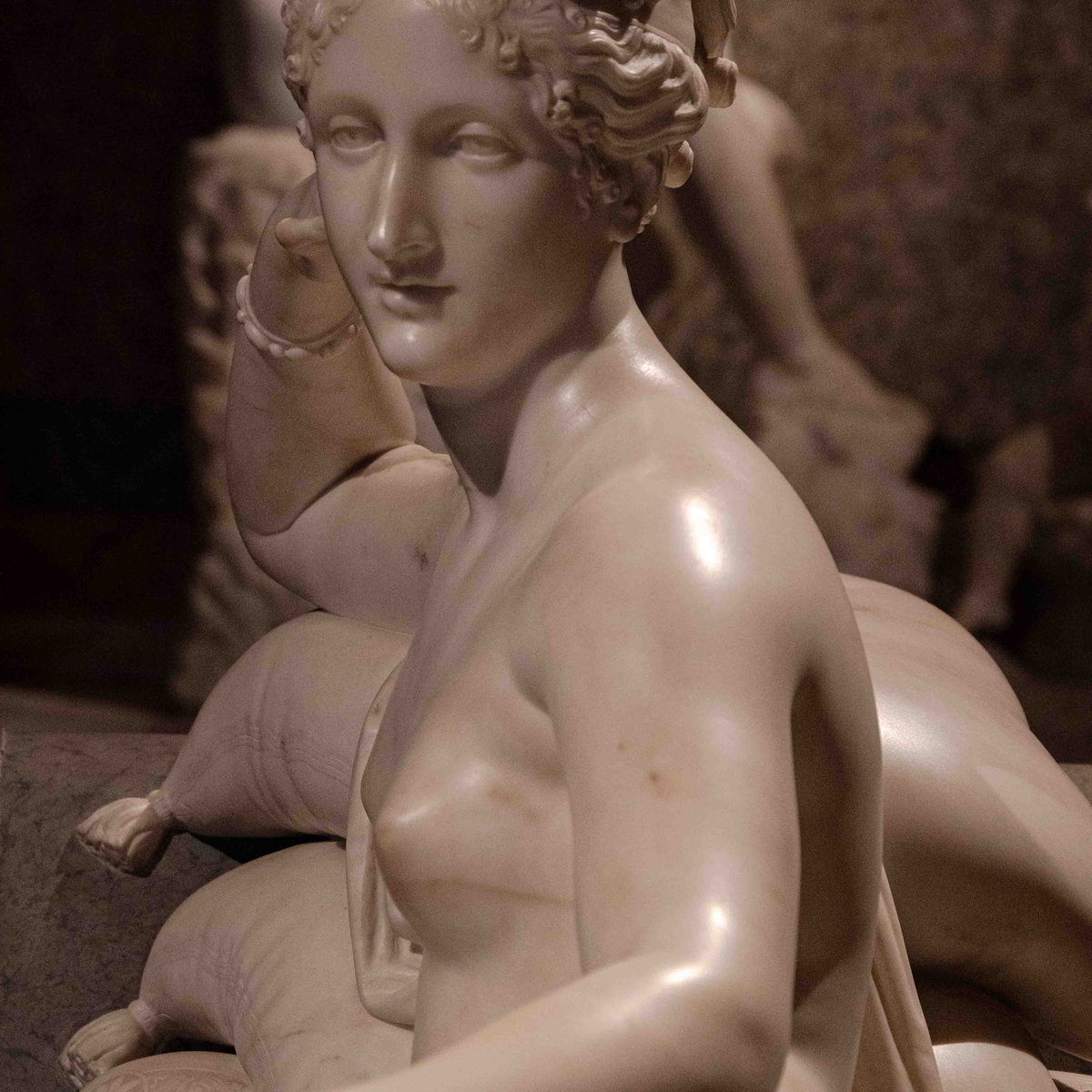 Close-up of Canova's Pauline Borghese as Venus Victrix, reclining marble sculpture at Villa Borghese, Rome