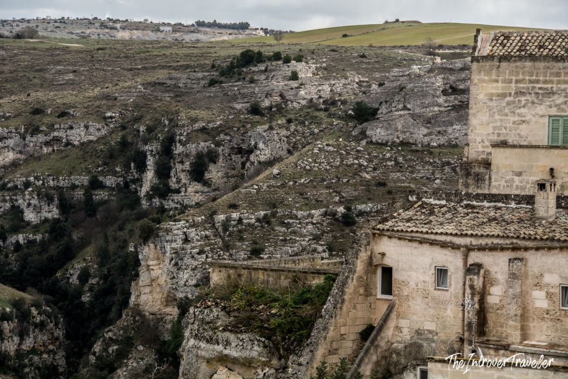 Matera sassi stone buildings perched on the edge of the Gravina canyon, Basilicata, Italy