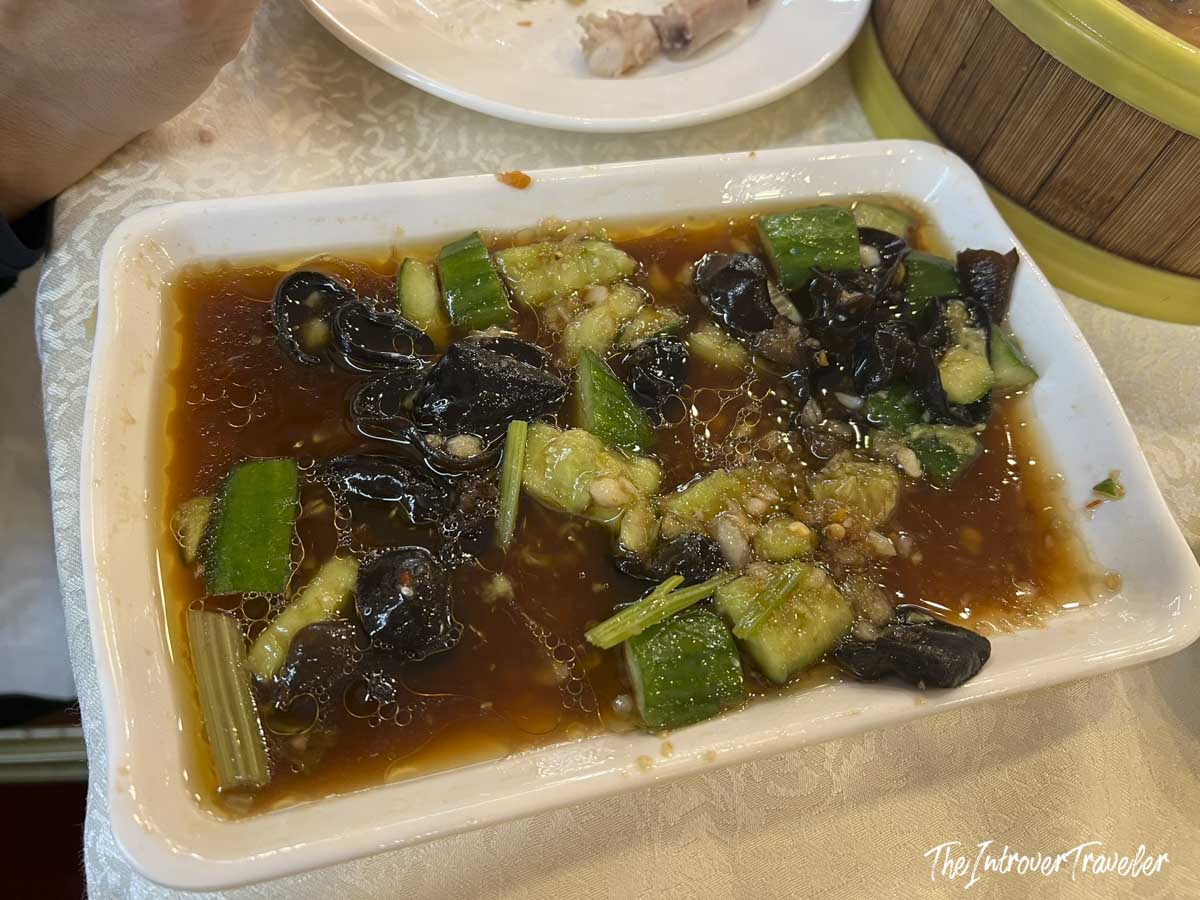 Cucumber and black fungus in savory sauce, a dim sum side dish at House of Joy, Chinatown Manhattan