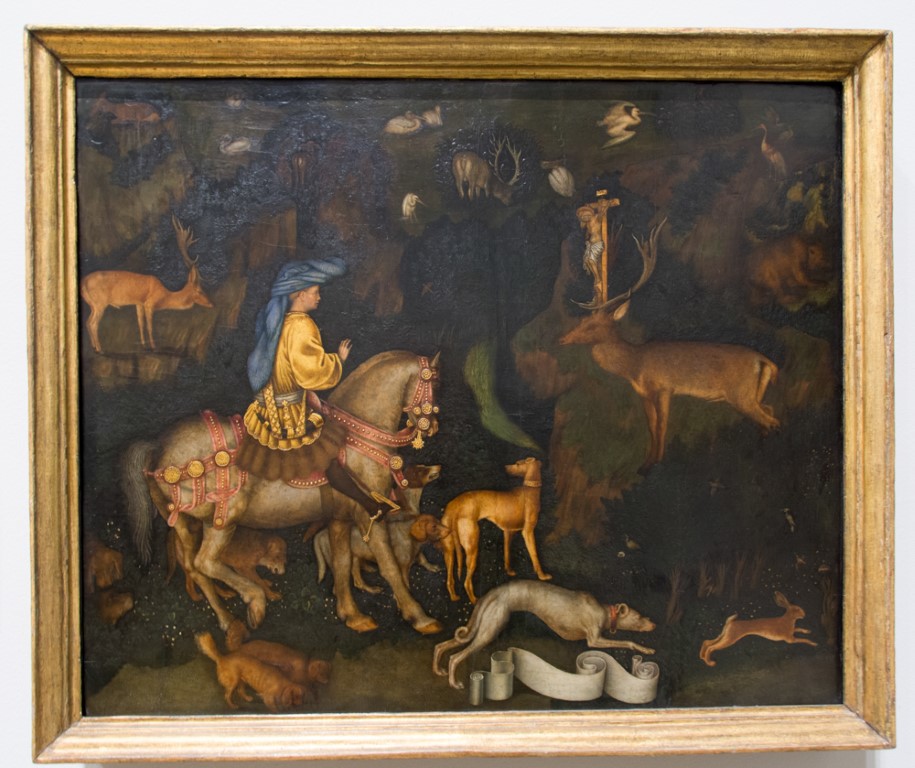 Vision of Saint Eustace by Pisanello, framed painting at the National Gallery London