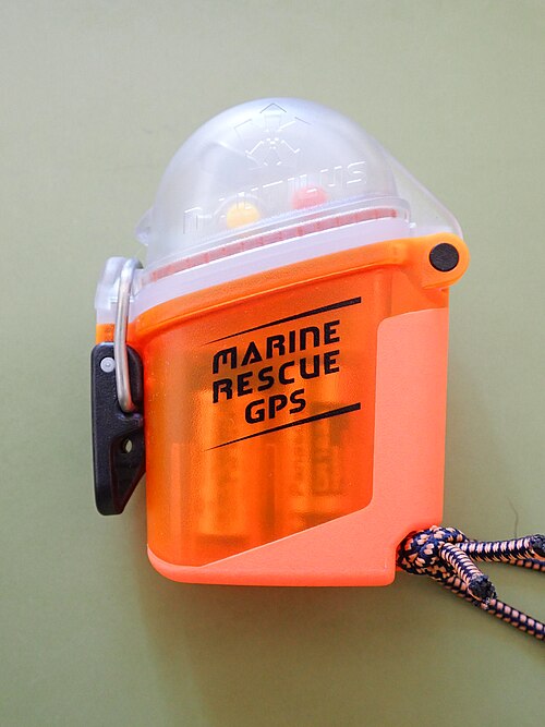 Nautilus Lifeline Marine Rescue GPS personal locator beacon in orange waterproof case with carabiner clip