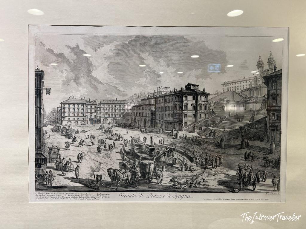 Piranesi etching Veduta di Piazza di Spagna, displayed in the Piranesi Lounge at Milan Linate airport