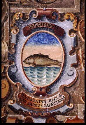 Heraldic coat of arms with a fish, labeled Sabaudorum, painted at the Archiginnasio Palace in Bologna