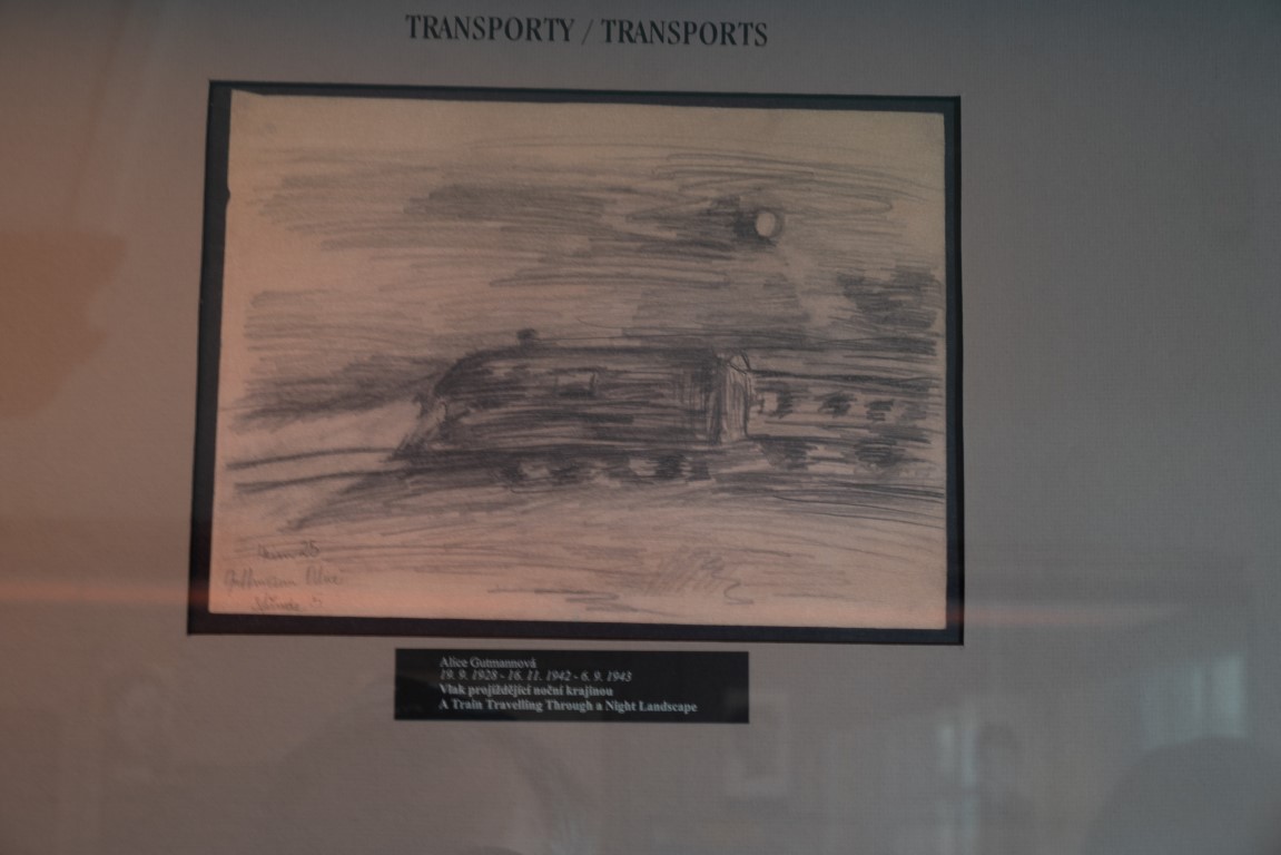 Pencil drawing "A Train Travelling Through a Night Landscape" by Alice Gutmannová, Terezín Transports exhibit