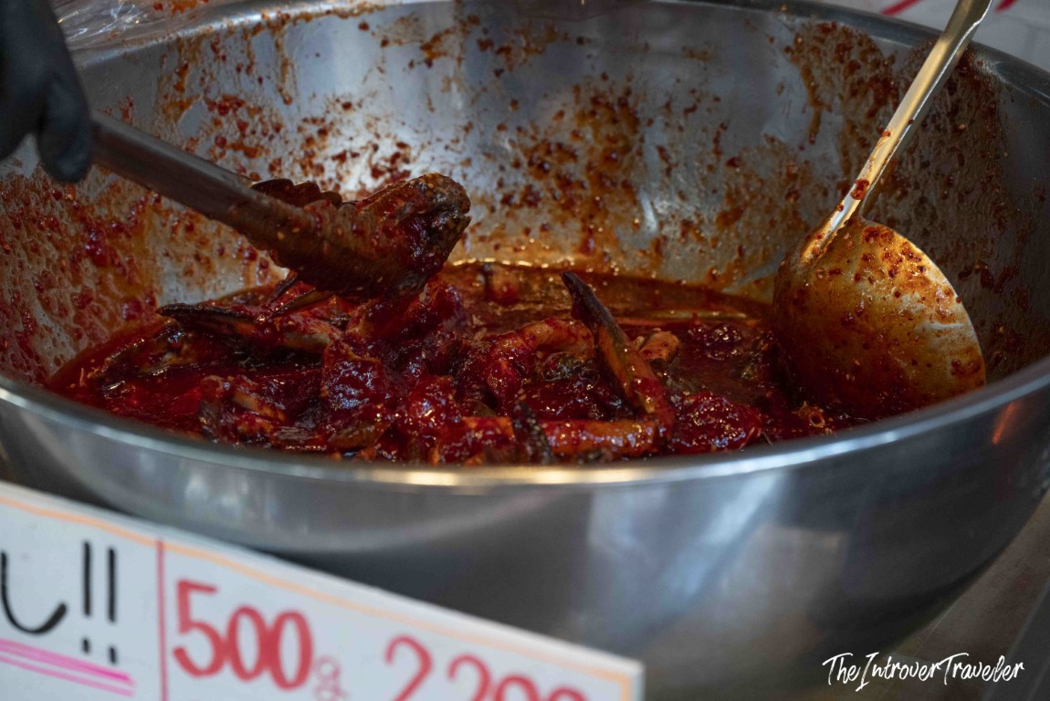 Spicy marinated seafood sold by weight at Tsukiji fish market, Tokyo street food stall