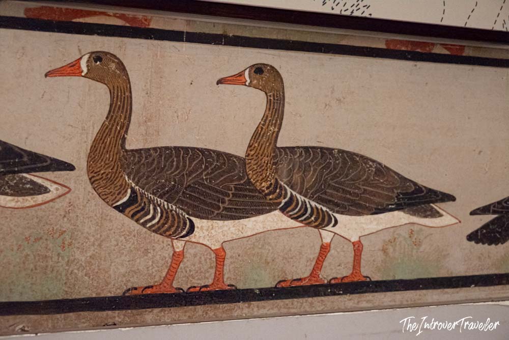 Close-up of the Meidum Geese, an ancient Egyptian fresco displayed at the Egyptian Museum Cairo