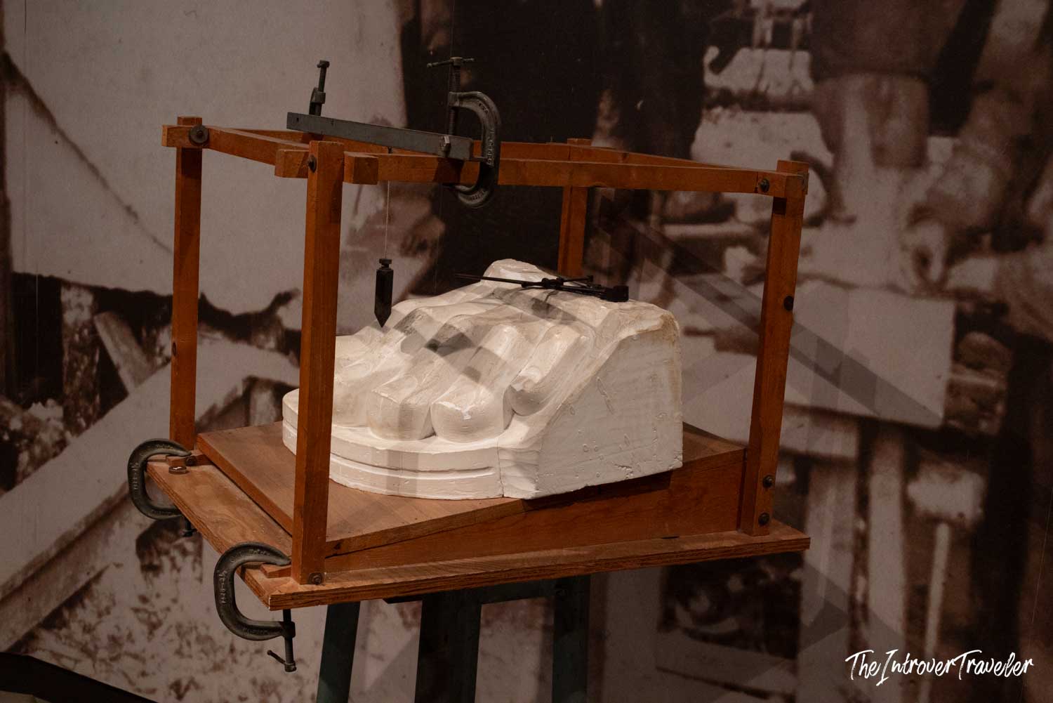 Pointing machine and plaster model used to scale up Statue of Liberty copper repoussé sections