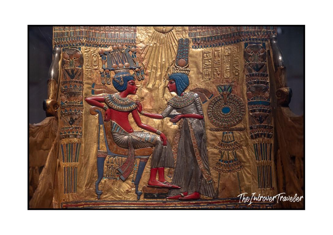 Gold back panel of Tutankhamun's throne, showing the pharaoh and Ankhesenamun, Egyptian Museum Cairo