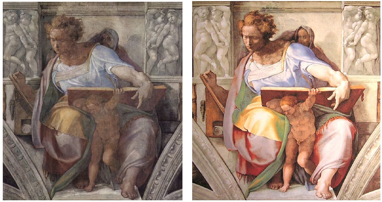 Before and after restoration comparison of the Prophet Daniel fresco by Michelangelo, Sistine Chapel ceiling
