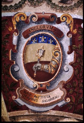 Coat of arms of the English nation with Latin inscription at the Archiginnasio Palace, Bologna